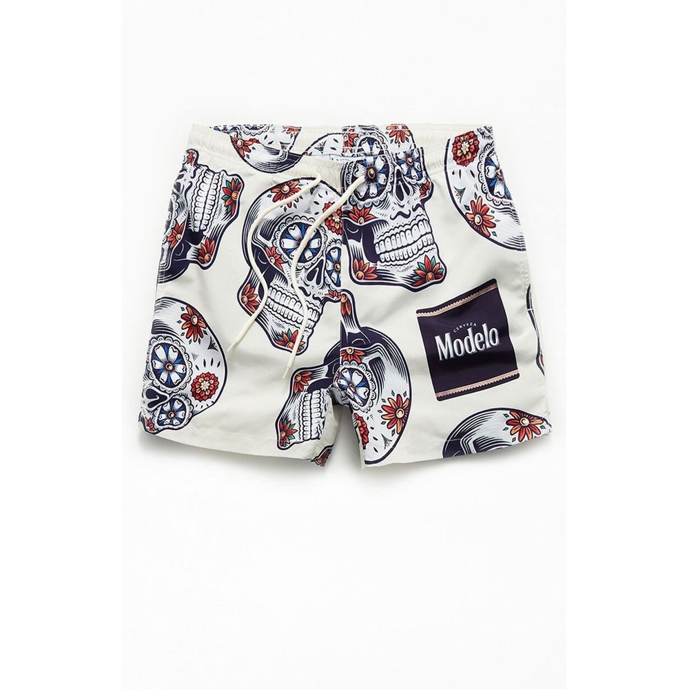 Modelo Mens 15" Boardshorts Swimming Trunks Sugar Skull Print Cream Medium NWOT
